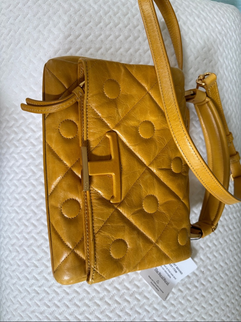 Tod's Mustard Quilted Leather Shoulder Bag with T Clasp